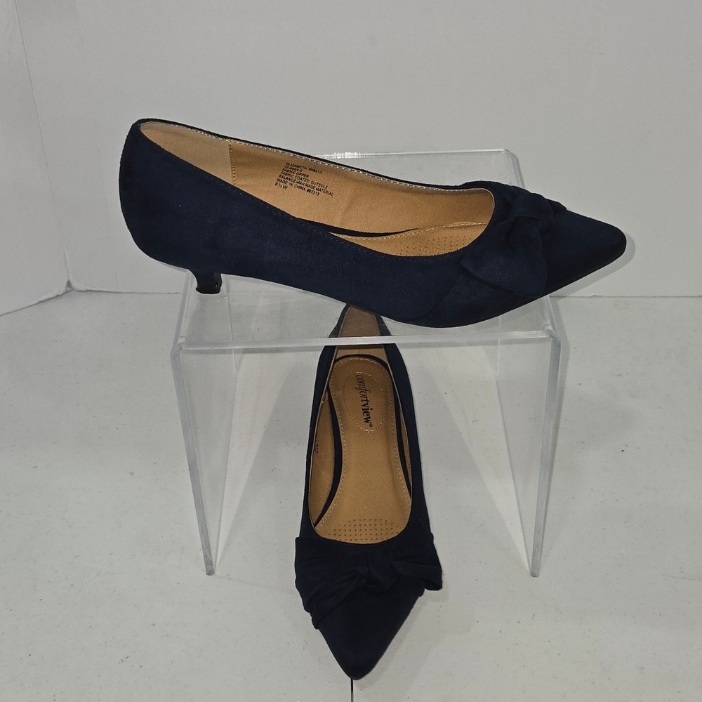 Comfortview Elizabeth Navy Blue Kitten Heel Bow Pointed Toe Pumps 8.5W 08513